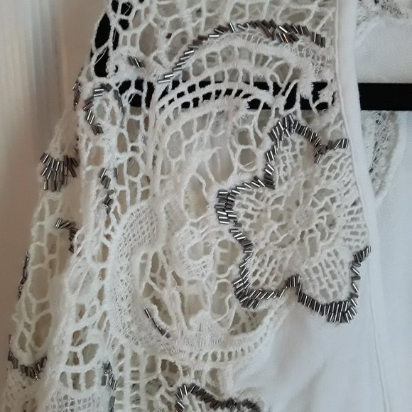 Elegant White Pullover w/Beaded/Crochet Trim Sz S - Picture 3 of 7